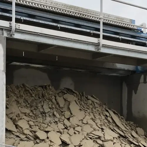 Dewatered cake produced by a filter press operating at a construction site WTP