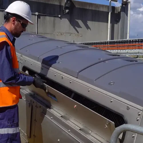 One of 4 x Q800 units operating at a meat processing plant dewatering waste activated sludge from a series of SBRs.